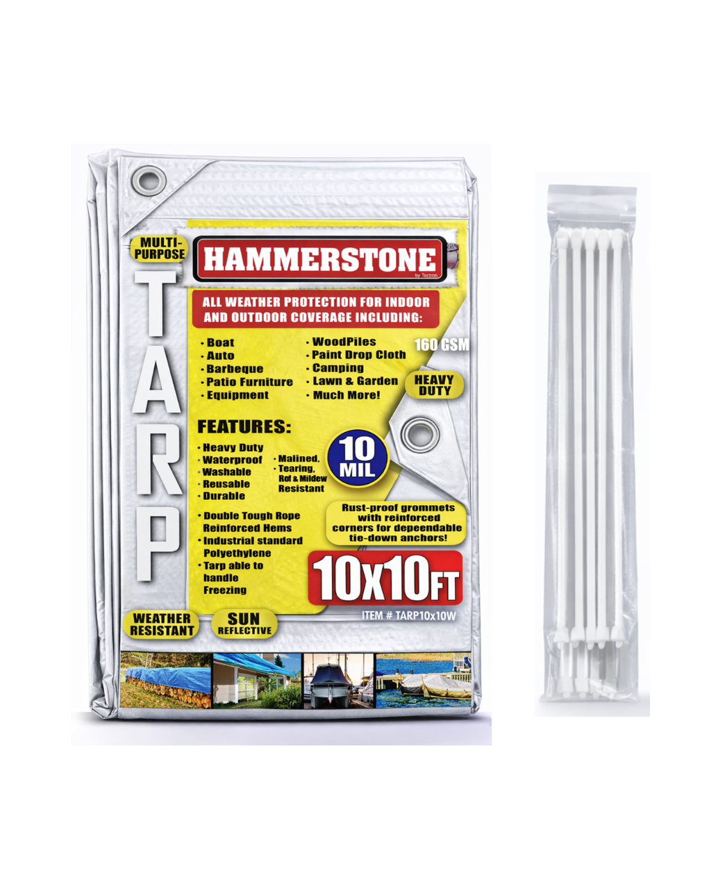 Hammerstone White heavy-duty poly tarp, 10x10 ft, 160 GSM, sold by the case