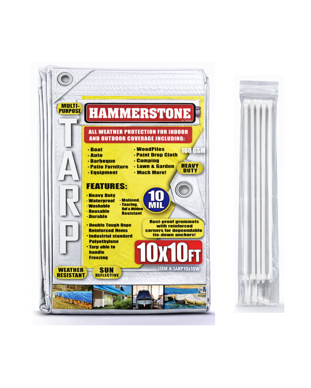 Hammerstone White heavy-duty poly tarp, 10x10 ft, 160 GSM, sold by the case