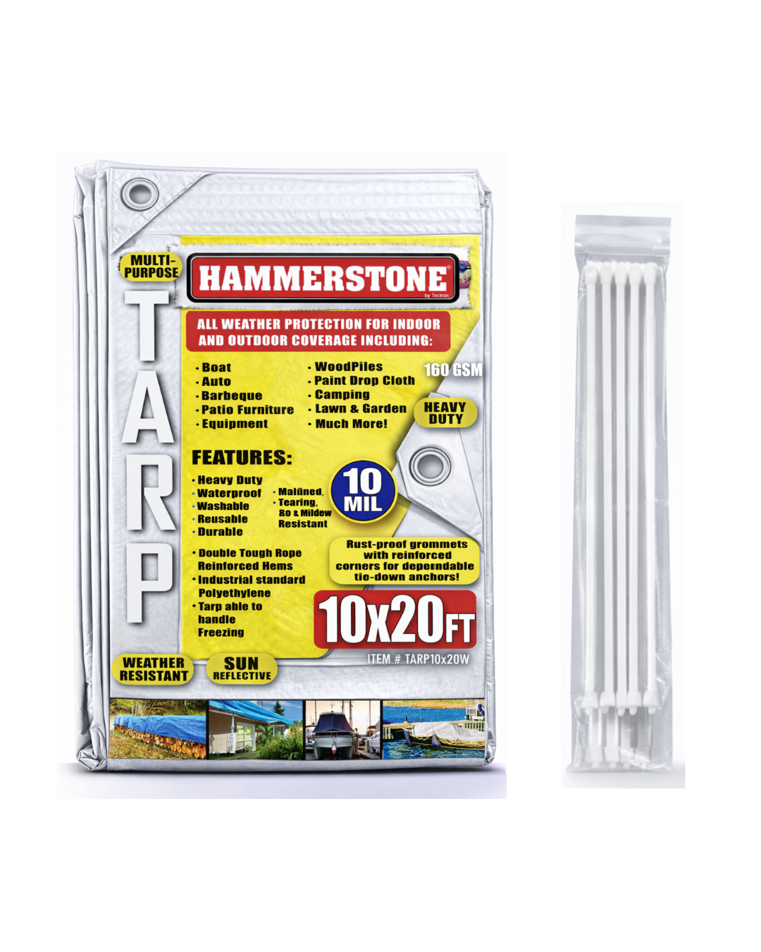 Hammerstone White heavy-duty poly tarp, 10x20 ft, 160 GSM, sold by the case