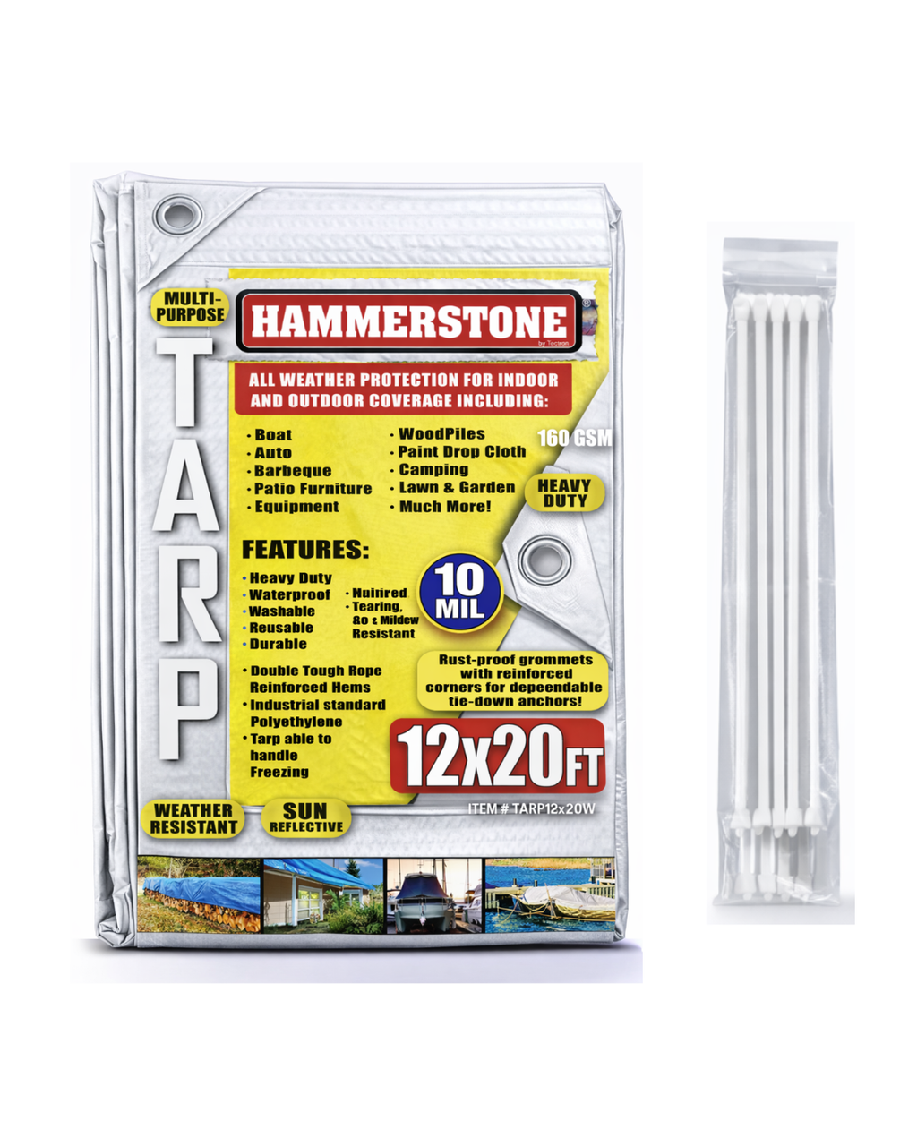 Hammerstone White heavy-duty poly tarp, 12x20 ft, 160 GSM, sold by the case