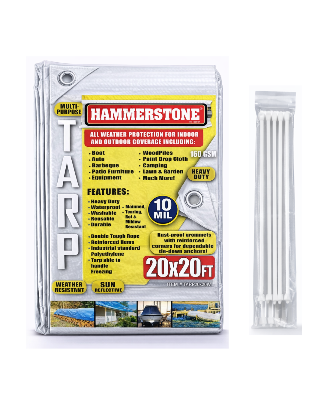 Hammerstone White heavy-duty poly tarp, 20x20 ft, 160 GSM, sold by the case