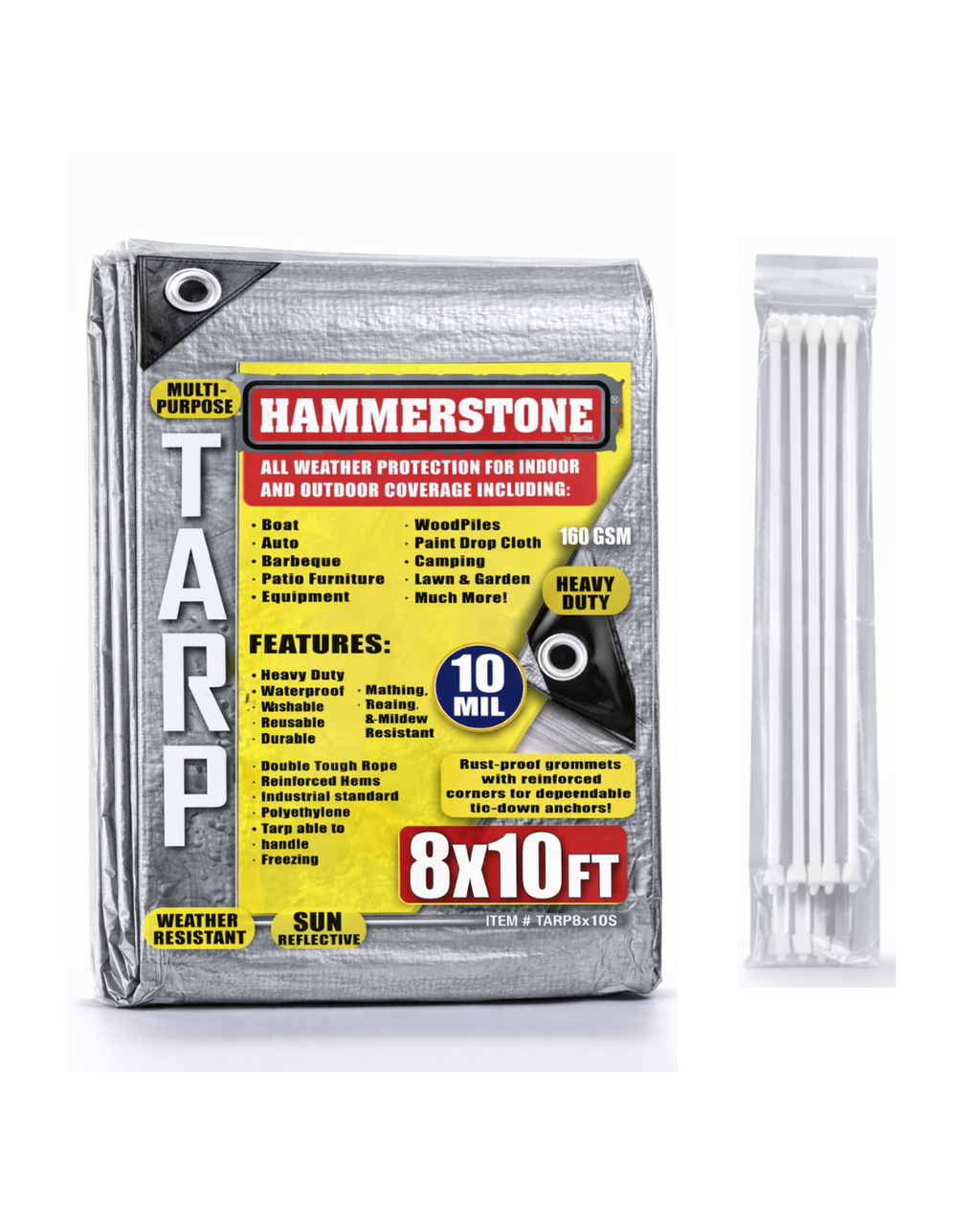 Hammerstone Silver heavy-duty poly tarp, 8x10 ft, 160 GSM, sold by the case