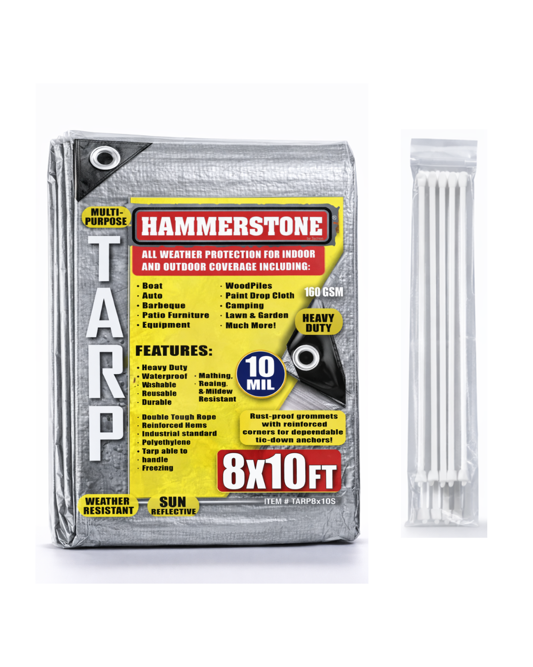 Hammerstone Silver heavy-duty poly tarp, 8x10 ft, 160 GSM, sold by the case
