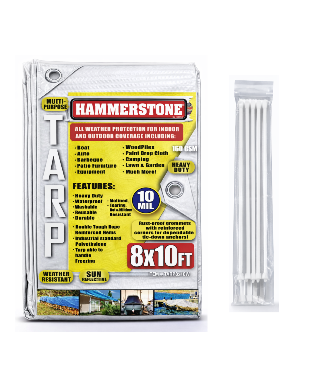 Hammerstone White heavy-duty poly tarp, 8x10 ft, 160 GSM, sold by the case