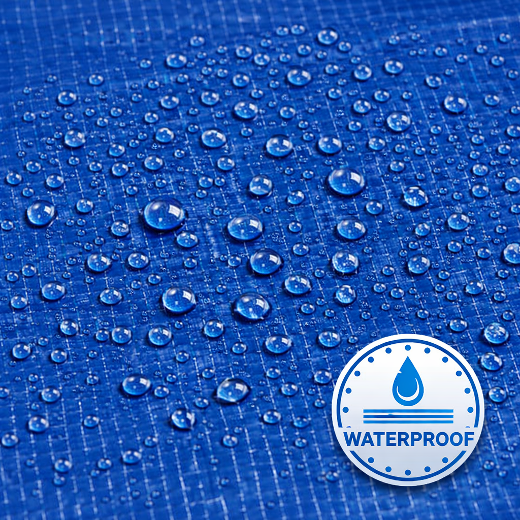 Blue heavy-duty tarp covering large outdoor equipment and materials
