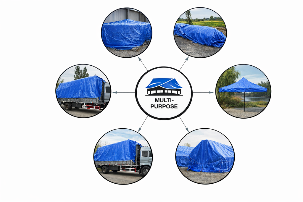 Blue multi-purpose tarp used for construction, roofing, outdoor covering, and equipment protection
