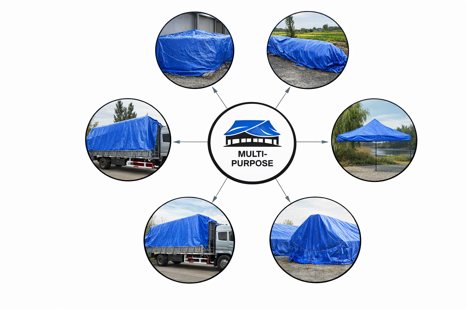 Blue heavy-duty tarp covering large outdoor equipment and materials

