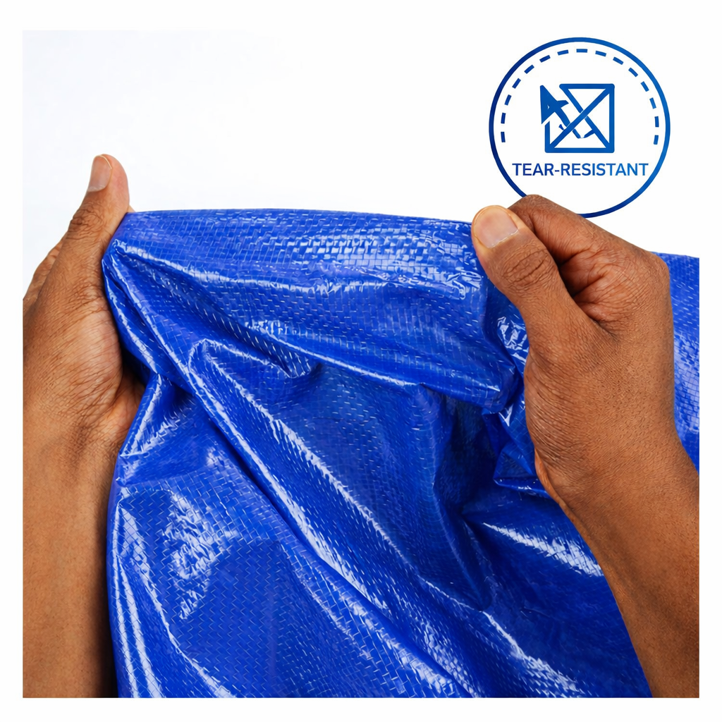 Blue heavy-duty tarp covering large outdoor equipment and materials
