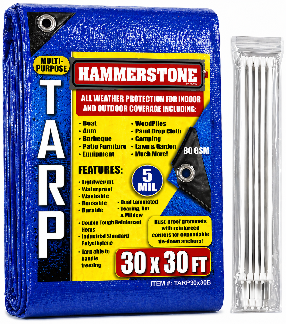 Hammerstone Blue poly tarp, 30x30 ft, 80 GSM, sold by the case