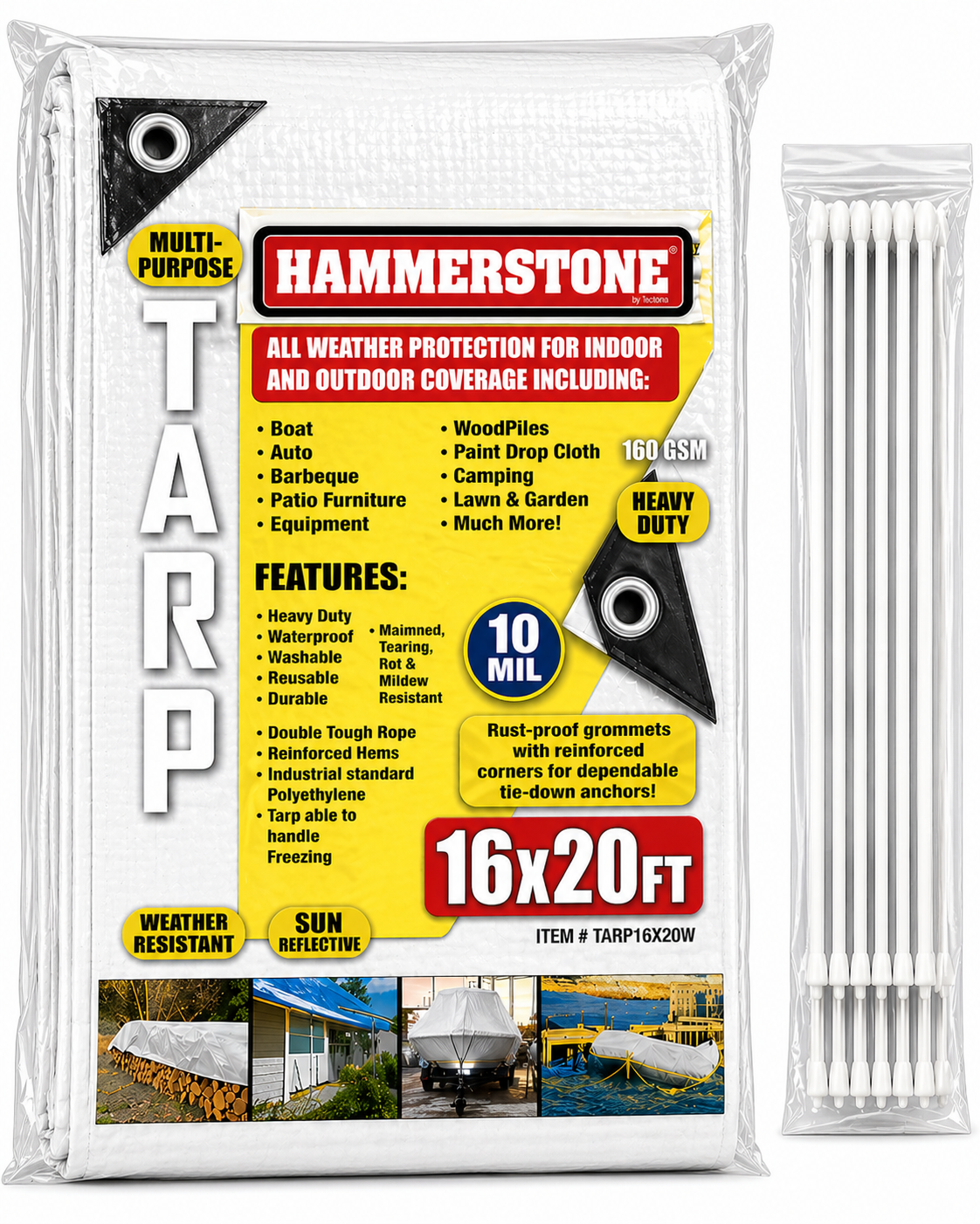Hammerstone White heavy-duty poly tarp, 16x20 ft, 160 GSM, sold by the case