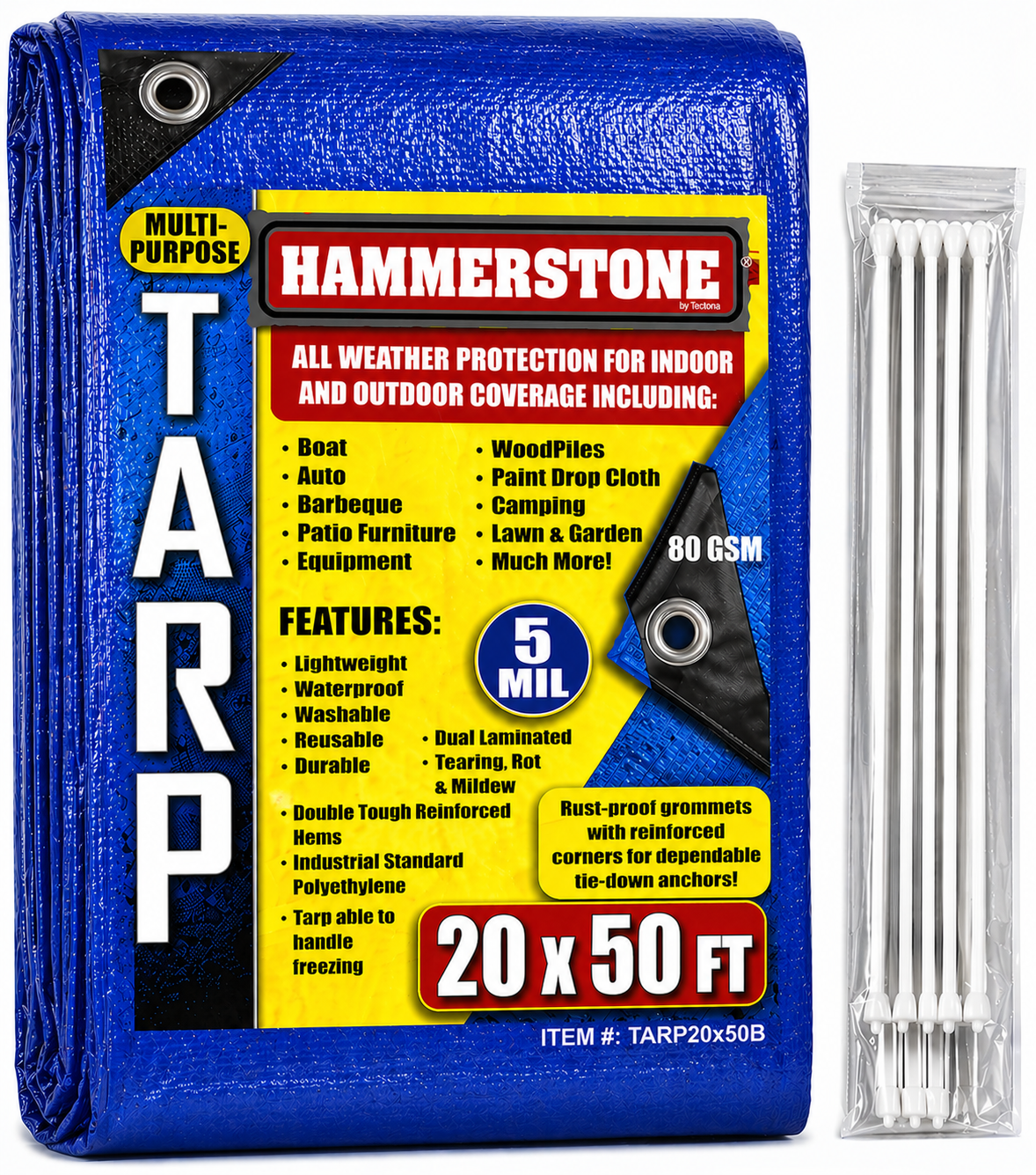 Hammerstone Blue poly tarp, 20x50 ft, 80 GSM, sold by the case