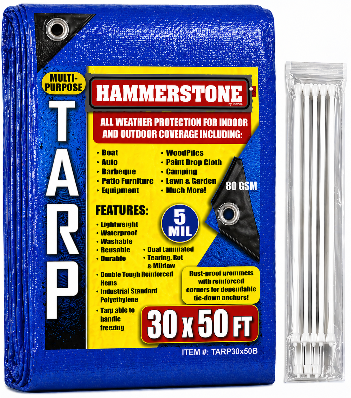 Hammerstone Blue poly tarp, 30x50 ft, 80 GSM, sold by the case