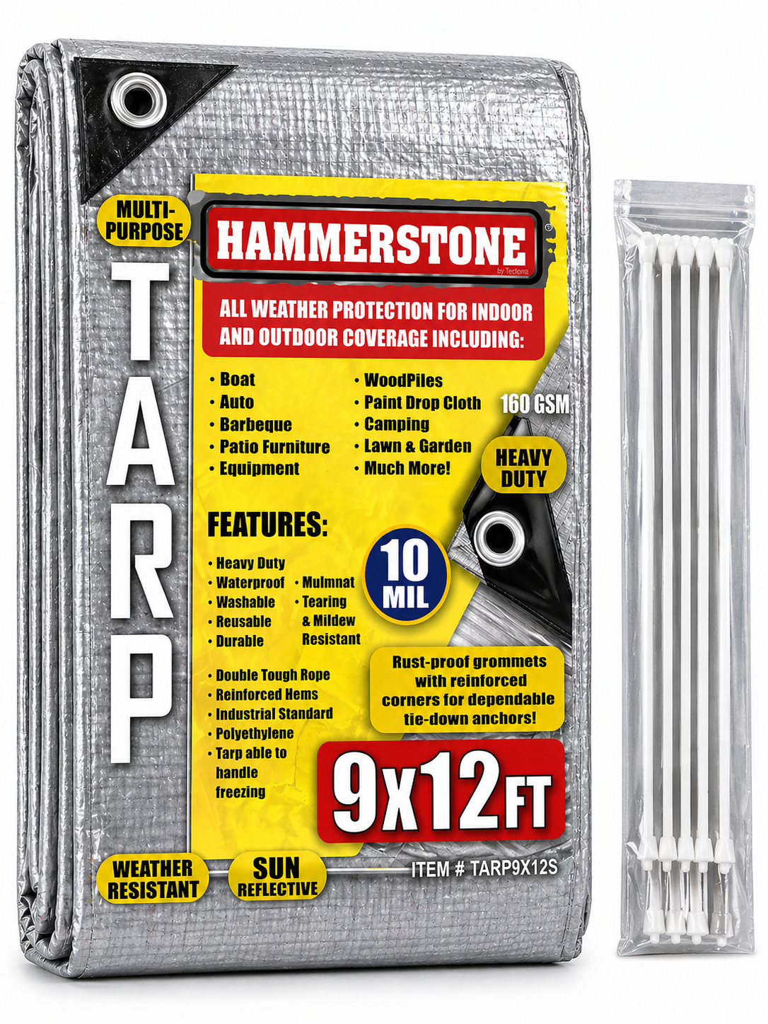 Hammerstone Silver heavy-duty poly tarp, 9x12 ft, 160 GSM, sold by the case