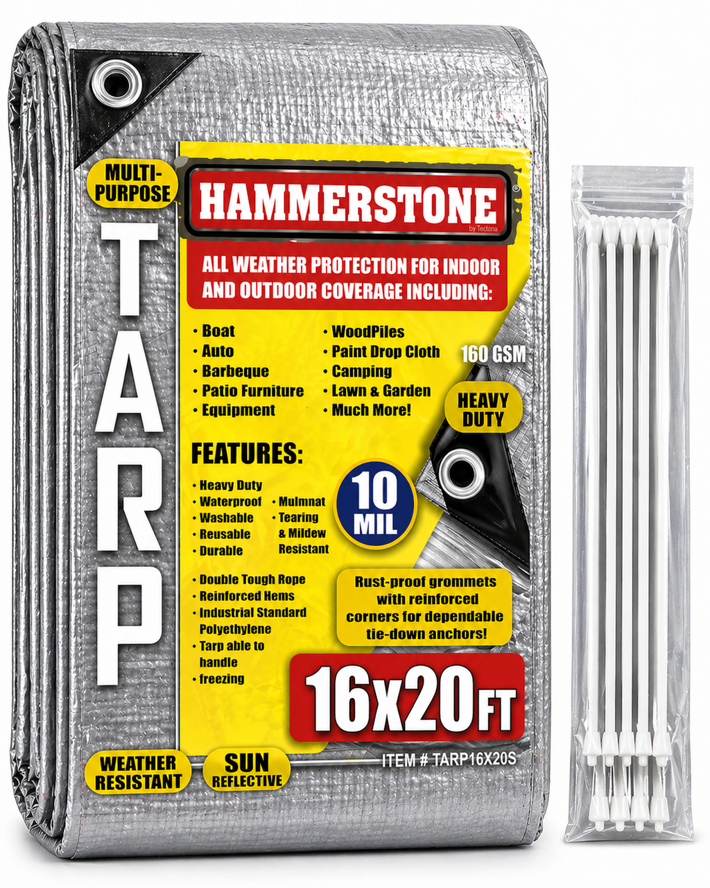 Hammerstone Silver heavy-duty poly tarp, 16x20 ft, 160 GSM, sold by the case