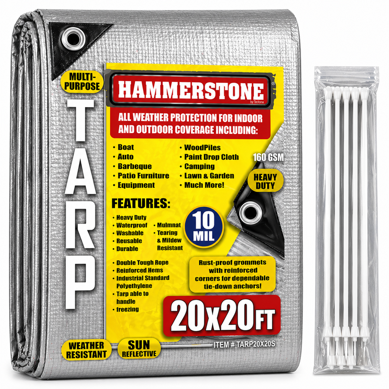 Hammerstone Silver heavy-duty poly tarp, 20x20 ft, 160 GSM, sold by the case