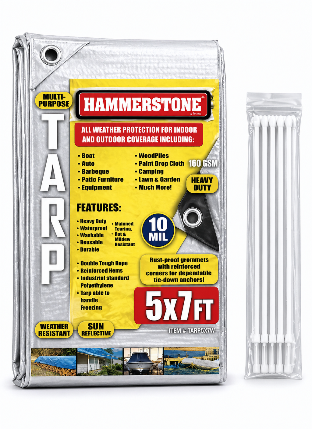 Hammerstone White heavy-duty poly tarp, 5x7 ft, 160 GSM, sold by the case