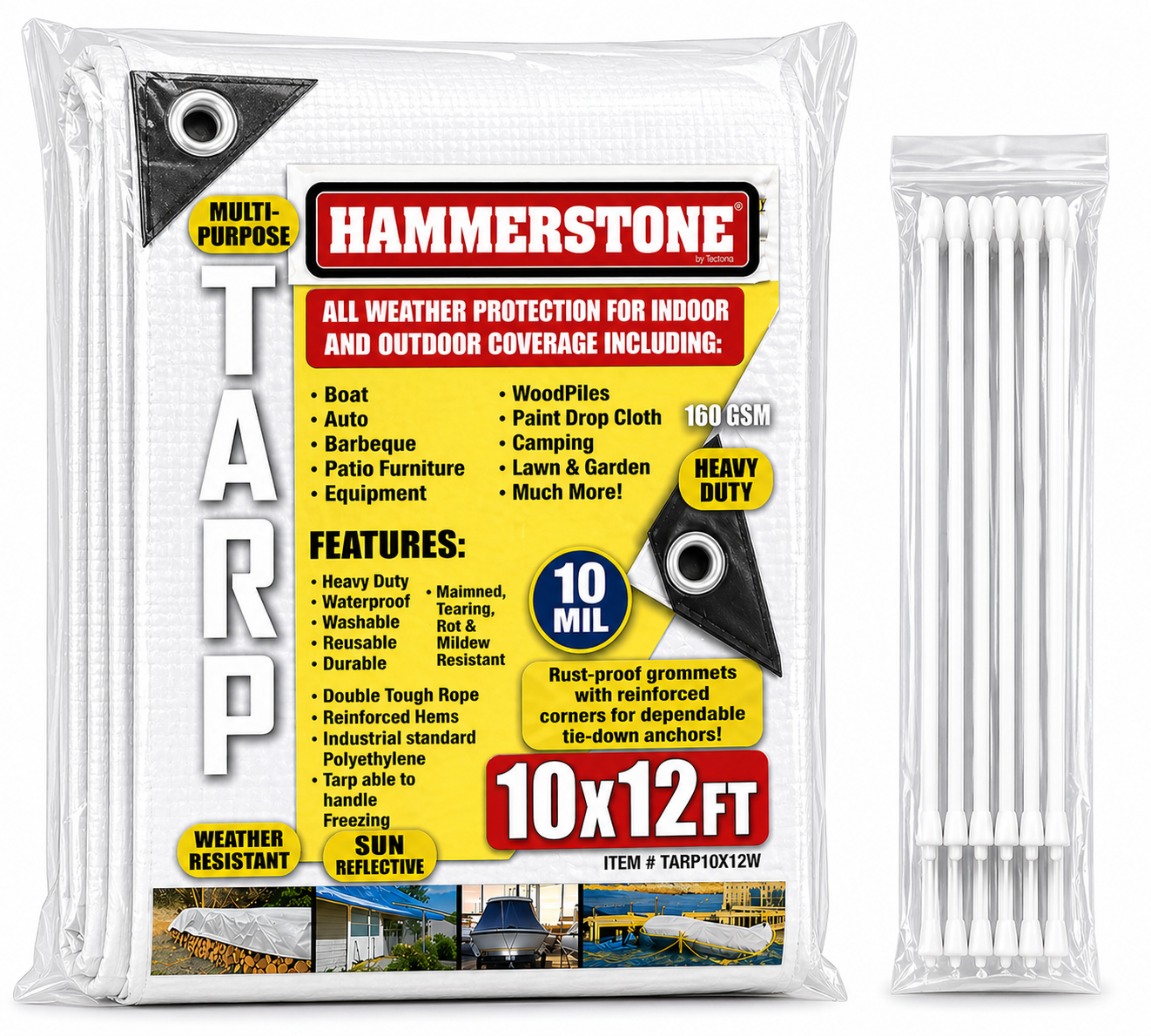 Hammerstone White heavy-duty poly tarp, 10x12 ft, 160 GSM, sold by the case