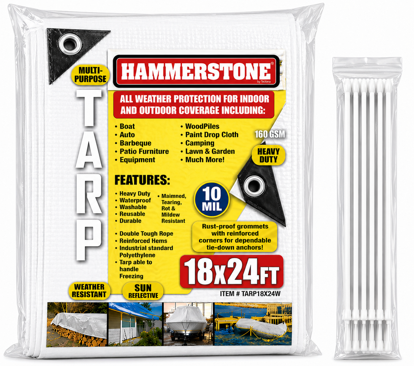 Hammerstone White heavy-duty poly tarp, 18x24 ft, 160 GSM, sold by the case