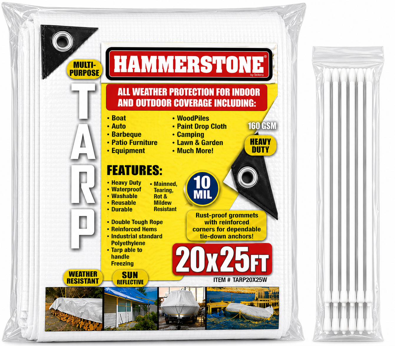 Hammerstone White heavy-duty poly tarp, 20x25 ft, 160 GSM, sold by the case
