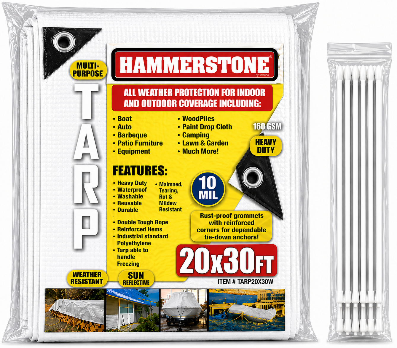 Hammerstone White heavy-duty poly tarp, 20x30 ft, 160 GSM, sold by the case